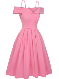 Sale Retro Stage 1950s Cold Shoulder Solid Dress Pink