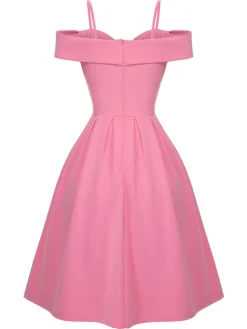Sale Retro Stage 1950s Cold Shoulder Solid Dress Pink