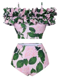 Hot Retro Stage 1950s Cold-Shoulder Floral Ruffle Swimsuit Pink