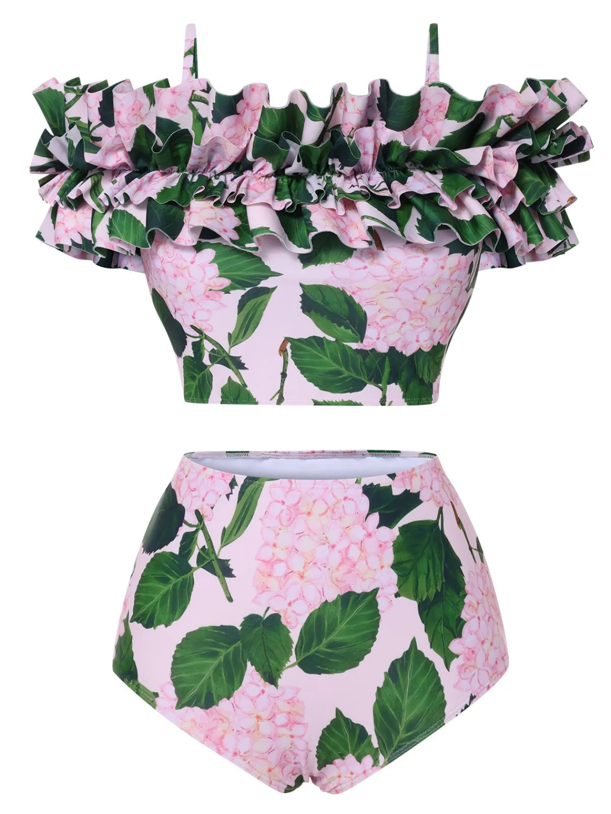 Hot Retro Stage 1950s Cold-Shoulder Floral Ruffle Swimsuit Pink