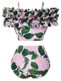 Hot Retro Stage 1950s Cold-Shoulder Floral Ruffle Swimsuit Pink