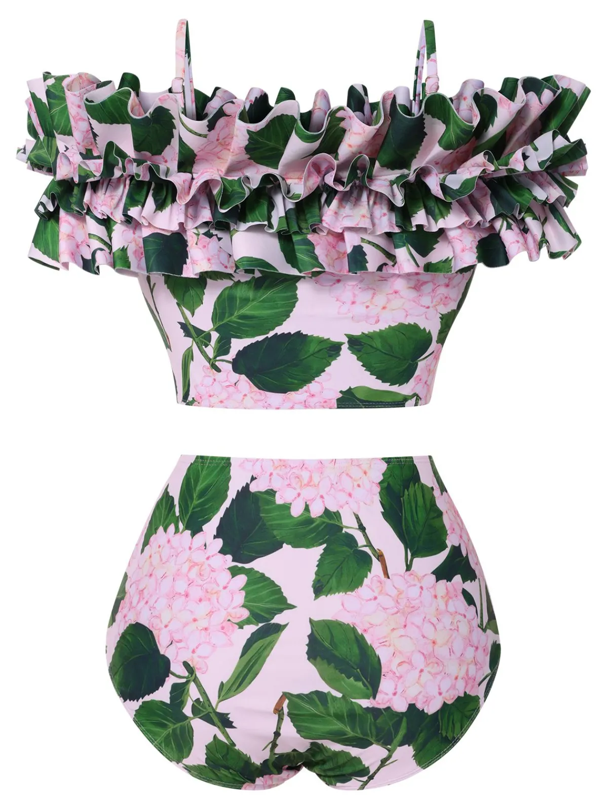 Hot Retro Stage 1950s Cold-Shoulder Floral Ruffle Swimsuit Pink