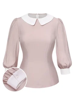Discount Retro Stage Pink 1940s Colorblock Peter Pan Collar Blouse Light Pink