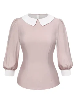Discount Retro Stage Pink 1940s Colorblock Peter Pan Collar Blouse Light Pink