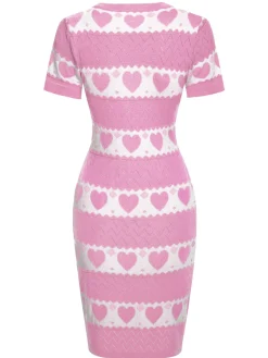 Discount Retro Stage Pink 1960s Contrasting Heart Knitting Dress