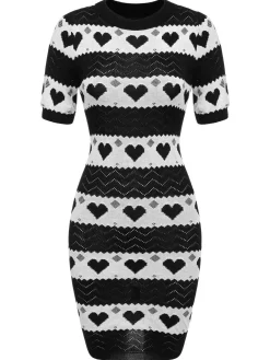 Discount Retro Stage Pink 1960s Contrasting Heart Knitting Dress