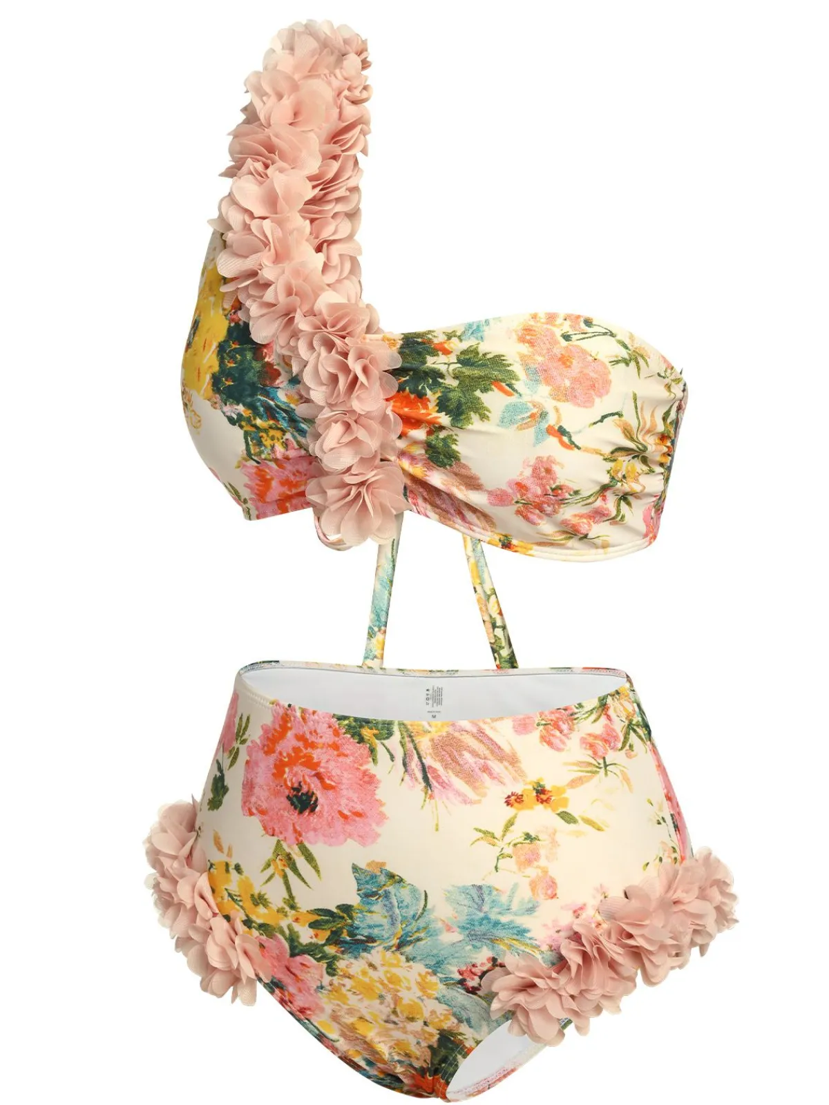 Outlet Retro Stage 1950s 3D Lace Floral One-Shoulder Swimsuit Pink