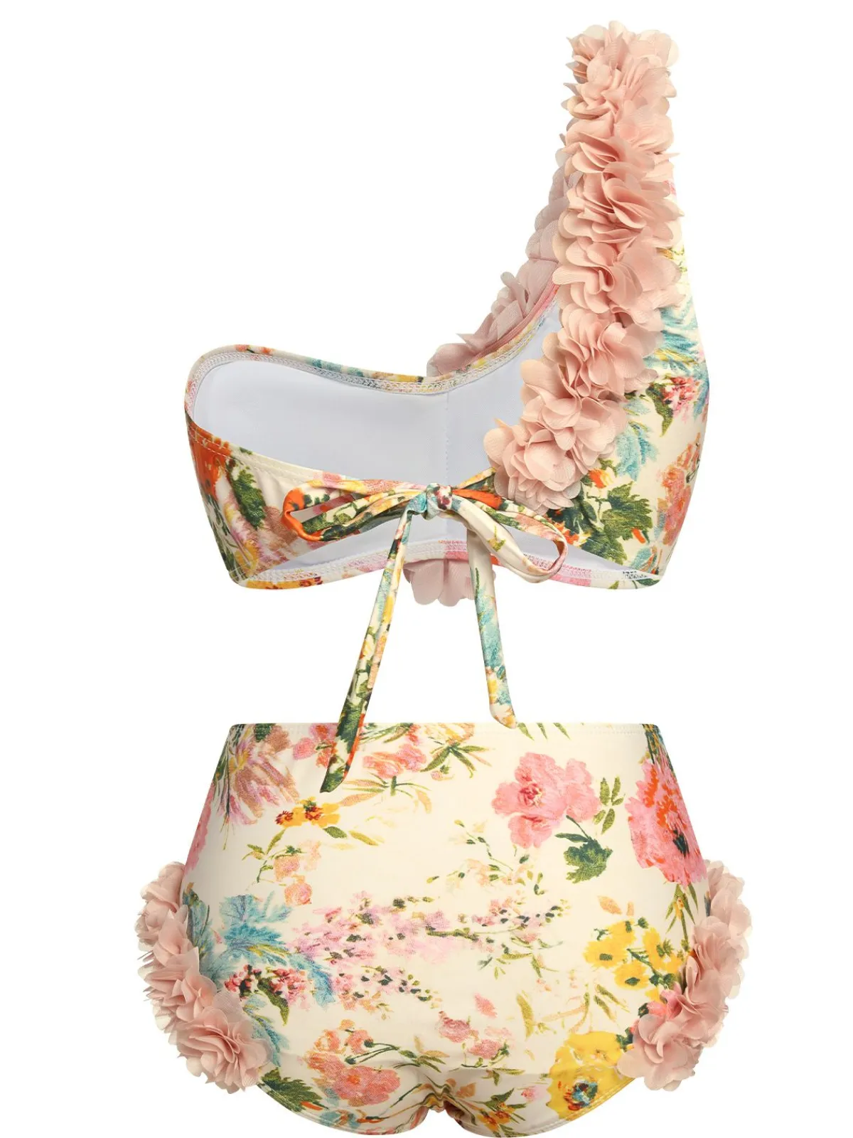 Outlet Retro Stage 1950s 3D Lace Floral One-Shoulder Swimsuit Pink