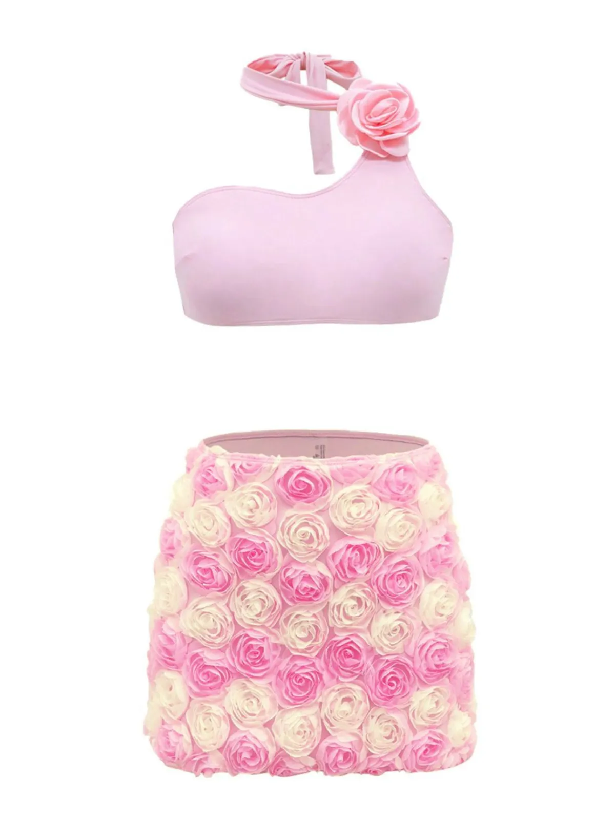 Hot Retro Stage 1960s 3D Roses Halter Bikini Set & Cover-Up Pink