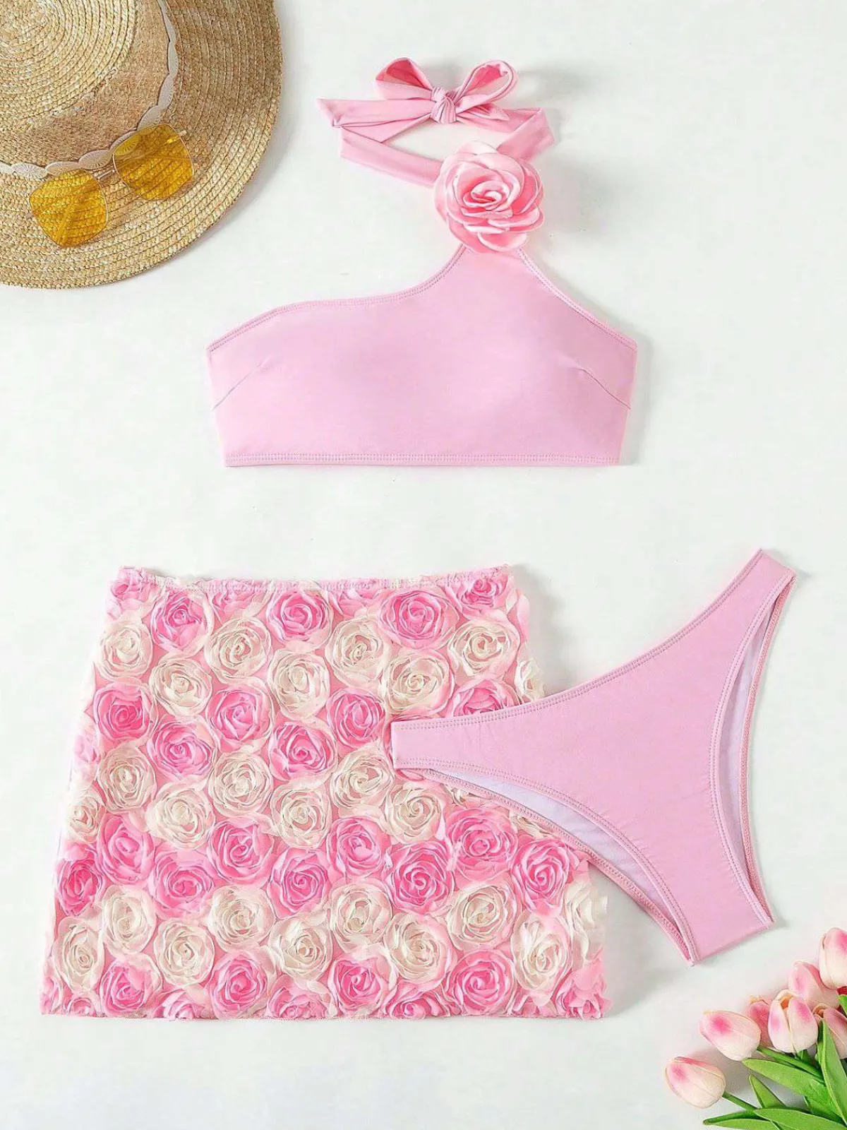 Hot Retro Stage 1960s 3D Roses Halter Bikini Set & Cover-Up Pink