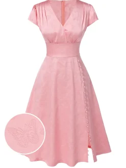 Fashion Retro Stage 1940s Deep V-Neck Butterfly Satin Dress Pink