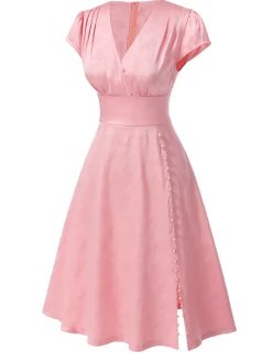 Fashion Retro Stage 1940s Deep V-Neck Butterfly Satin Dress Pink