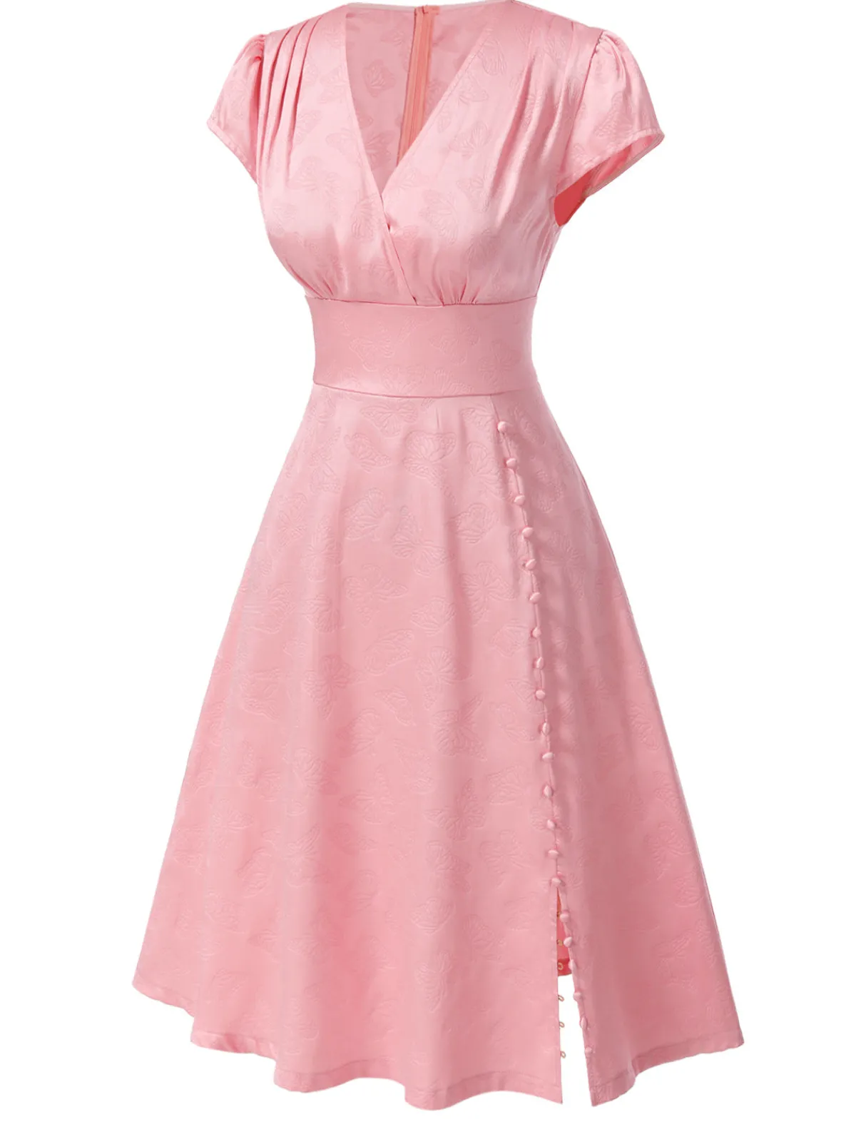 Fashion Retro Stage 1940s Deep V-Neck Butterfly Satin Dress Pink