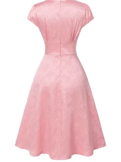 Fashion Retro Stage 1940s Deep V-Neck Butterfly Satin Dress Pink