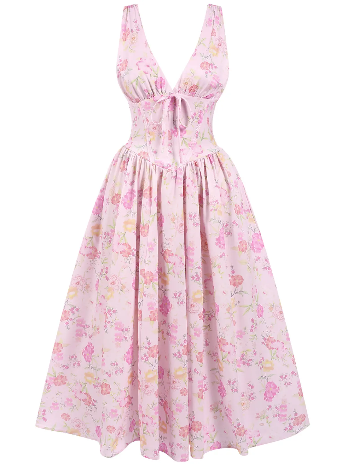Discount Retro Stage 1950s Deep V-Neck Lace-Up Floral Dress Pink