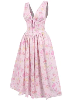 Discount Retro Stage 1950s Deep V-Neck Lace-Up Floral Dress Pink