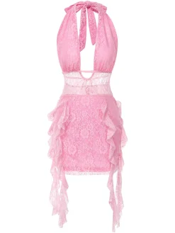 Outlet Retro Stage 1960s Deep-V Halter Floral Lace Dress Pink