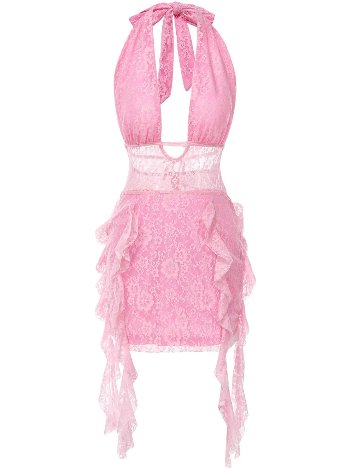 Outlet Retro Stage 1960s Deep-V Halter Floral Lace Dress Pink
