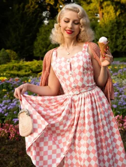 Online Retro Stage 1950s Diamond Grid Swing Dress Pink