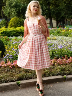 Online Retro Stage 1950s Diamond Grid Swing Dress Pink