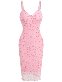 New Retro Stage 1950s Ditsy Floral Mesh Spaghetti Straps Sleepwear Pink