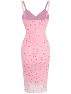 New Retro Stage 1950s Ditsy Floral Mesh Spaghetti Straps Sleepwear Pink