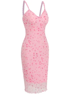 New Retro Stage 1950s Ditsy Floral Mesh Spaghetti Straps Sleepwear Pink