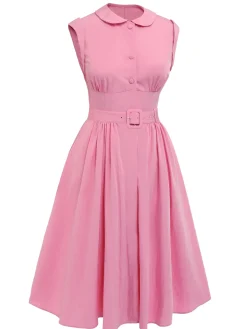 Best Retro Stage 1940s Doll Collar Solid Dress Pink