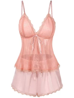 Sale Retro Stage 1950s Dots Lace Trim Satin Pajama Set Pink
