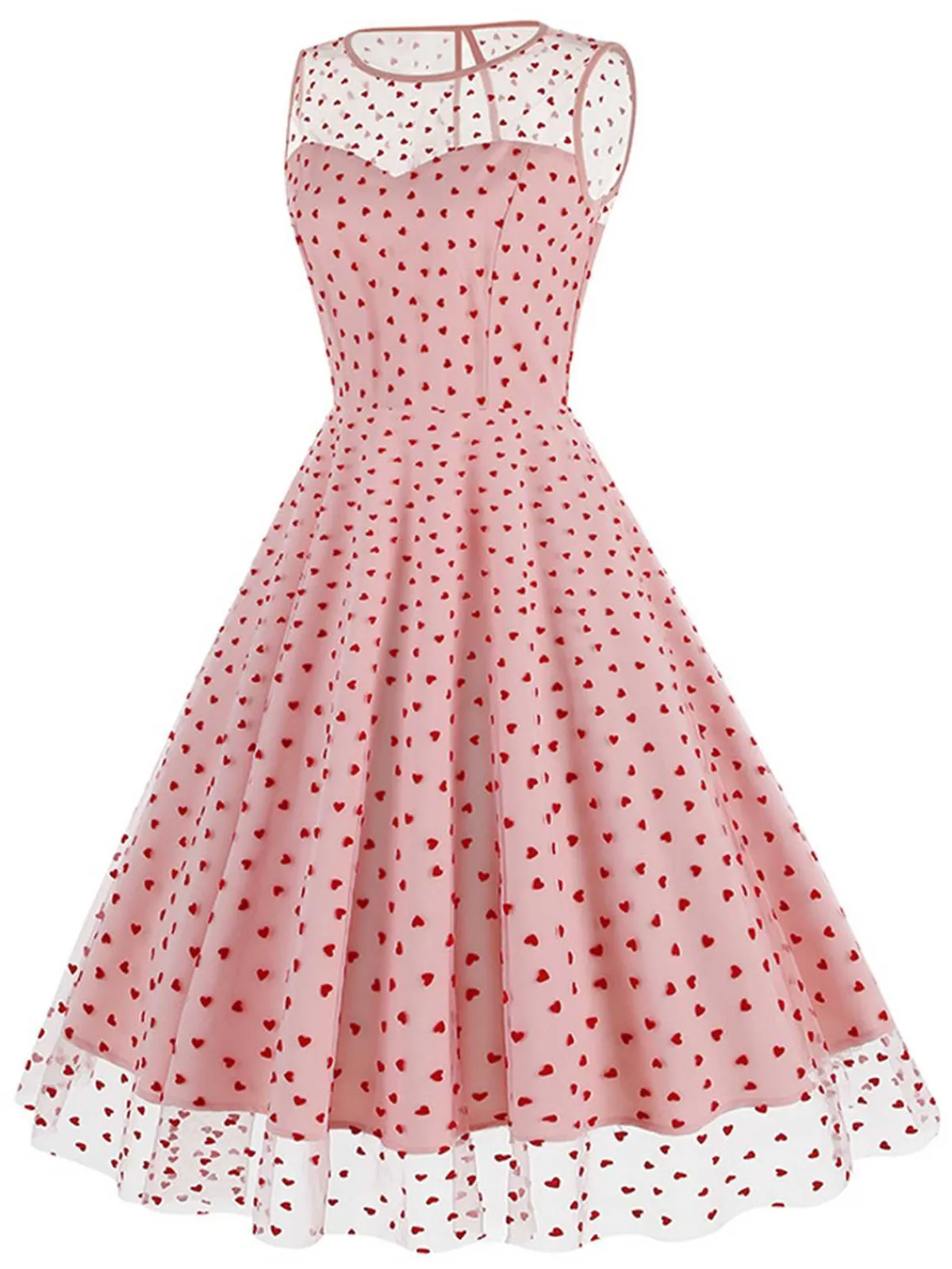 Discount Retro Stage Pink 1950s Flocked Heart Mesh Patchwork Dress