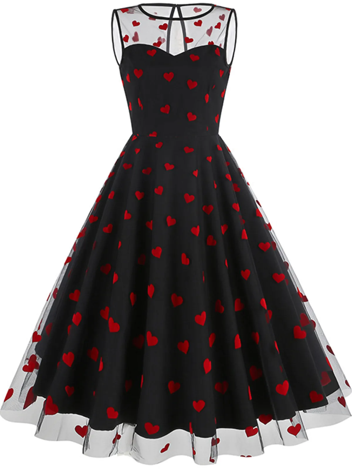 Discount Retro Stage Pink 1950s Flocked Heart Mesh Patchwork Dress