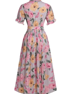 Clearance Retro Stage 1930s Floral Bow Tie Pleated Dress Pink