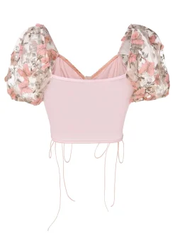 Best Retro Stage 1950s Floral Butterfly Puff Sleeves Top Pink