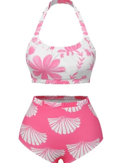 Fashion Retro Stage 1930s Floral Elastic Gathers Halter Swimsuit Pink
