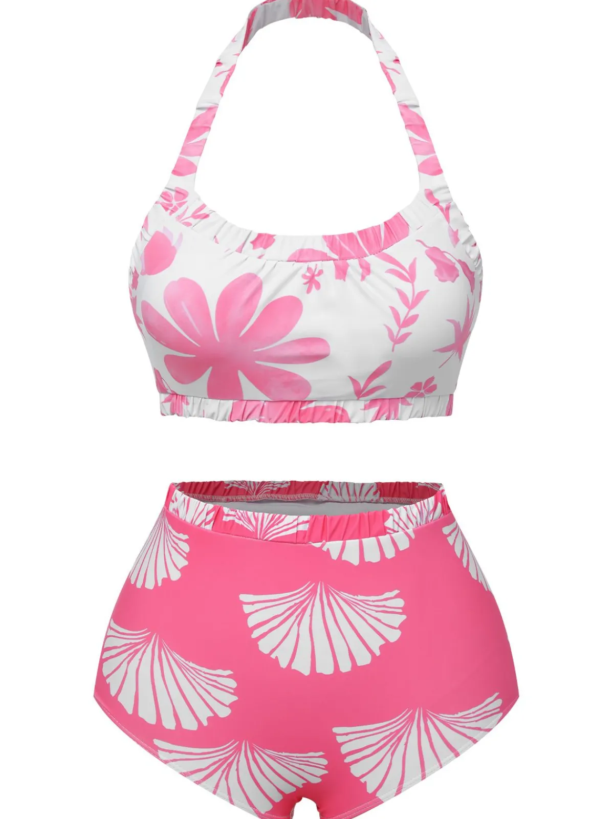 Fashion Retro Stage 1930s Floral Elastic Gathers Halter Swimsuit Pink