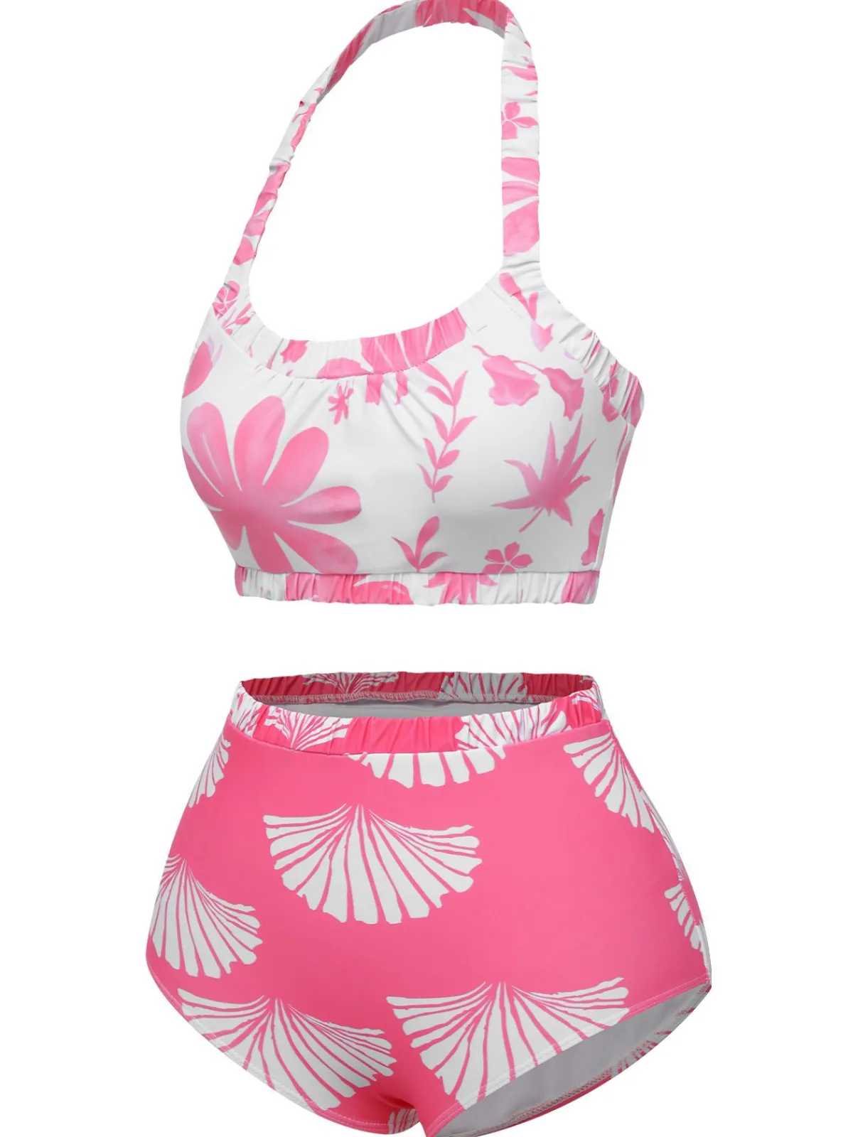 Fashion Retro Stage 1930s Floral Elastic Gathers Halter Swimsuit Pink