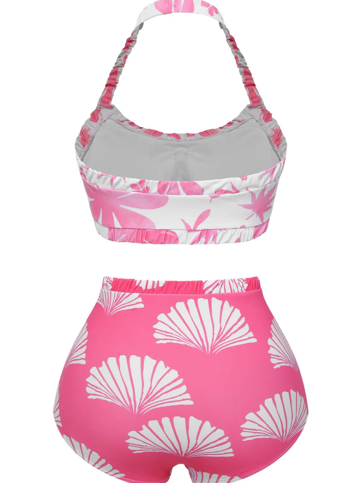 Fashion Retro Stage 1930s Floral Elastic Gathers Halter Swimsuit Pink