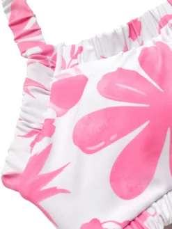 Fashion Retro Stage 1930s Floral Elastic Gathers Halter Swimsuit Pink