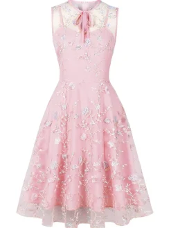 New Retro Stage 1950s Floral Embroidered A-Line Sleeveless Dress Pink