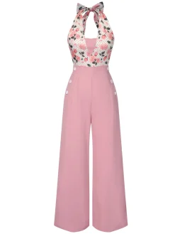 Online Retro Stage 1930s Floral Halter Jumpsuit Pink