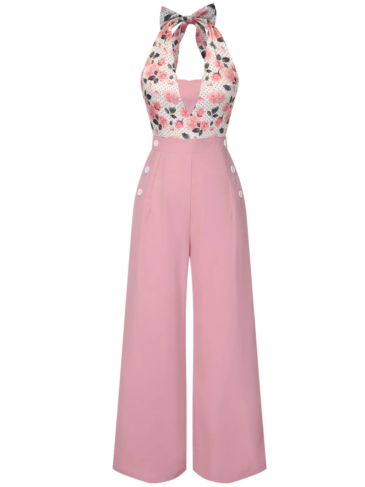 Online Retro Stage 1930s Floral Halter Jumpsuit Pink