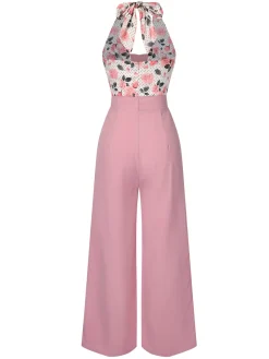 Online Retro Stage 1930s Floral Halter Jumpsuit Pink