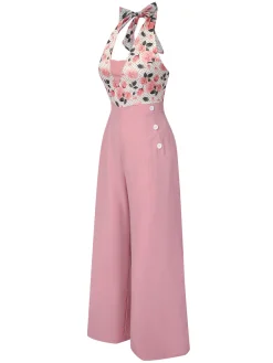 Online Retro Stage 1930s Floral Halter Jumpsuit Pink