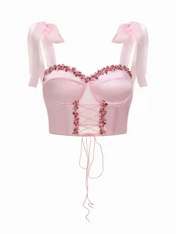 New Retro Stage 1960s Floral Lace Herringbone Top Pink