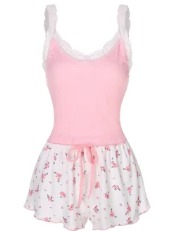 Best Retro Stage 1950s Floral Lace Patchwork Sleepwear Pink