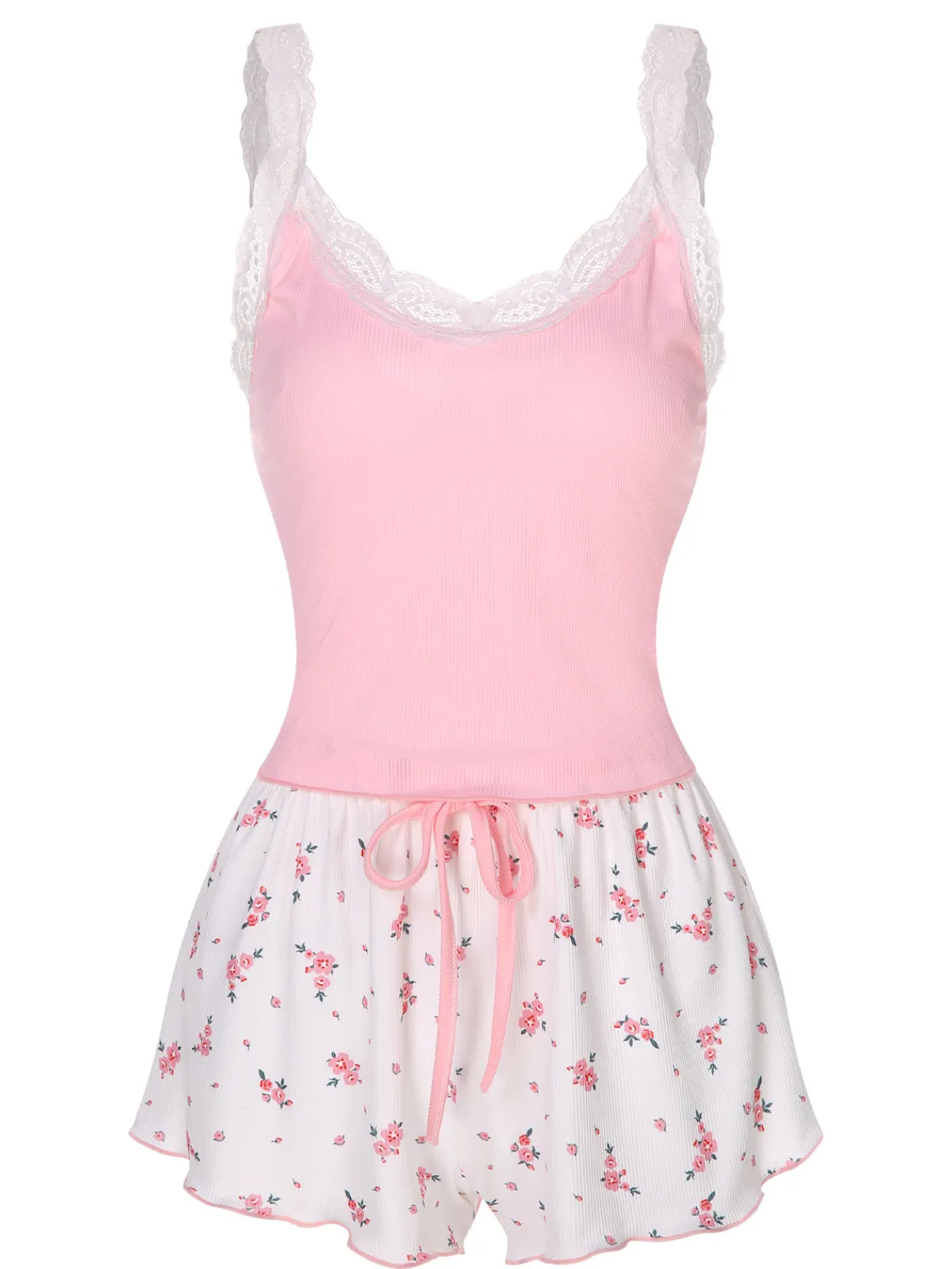 Best Retro Stage 1950s Floral Lace Patchwork Sleepwear Pink
