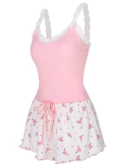 Best Retro Stage 1950s Floral Lace Patchwork Sleepwear Pink