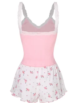 Best Retro Stage 1950s Floral Lace Patchwork Sleepwear Pink