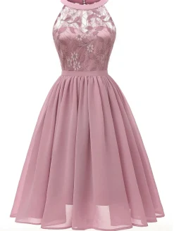 Fashion Retro Stage 1950s Floral Lace Swing Dress Pink