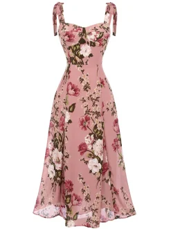 Sale Retro Stage 1940s Floral Lace-Up Dress Pink